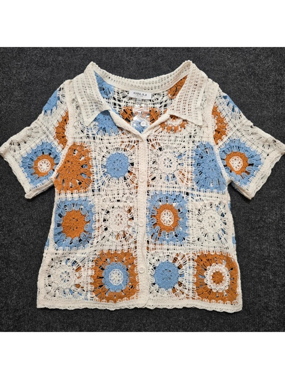 Gilli Crochet Granny Square Button Up Shirt Size S/M Boho Coastal Grandma Top
